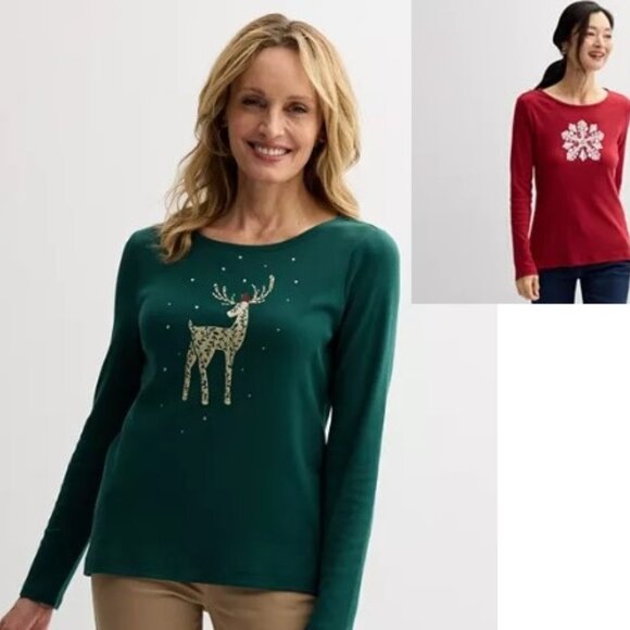 Lot of 3 Brand New w/ Tags Red Croft & Barrow Petite Long-Sleeve Holiday Tops! - Picture 6 of 6